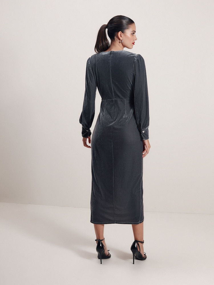 Blue/Grey Velvet Midi Dress - Image 3 of 6
