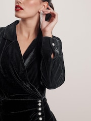 Black Velvet Diamanté Button Detail Mini Dress - Image 5 of 7