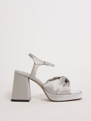 Simply Be Silver Satin Knotted Platform Block Heel Sandals - Extra Wide Fit - Image 1 of 3