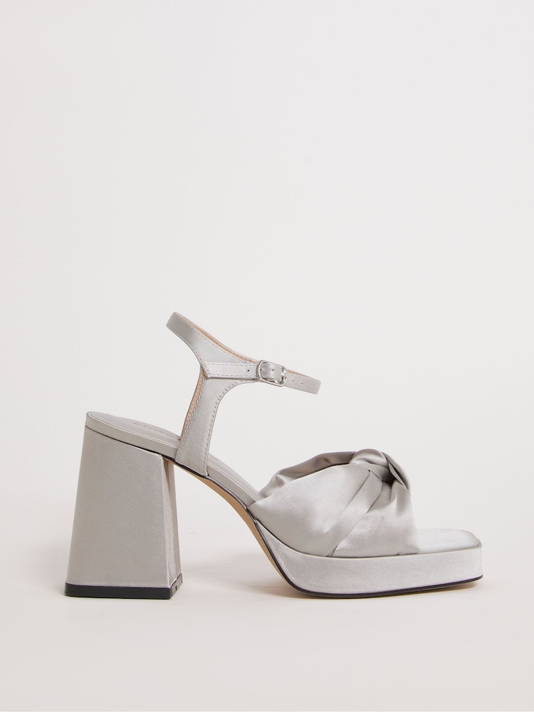 Simply Be Silver Satin Knotted Platform Block Heel Sandals - Extra Wide Fit - Image 1 of 3 Simply Be Silver Satin Knotted Platform Block Heel Sandals - Extra Wide Fit - Image 1 of 3