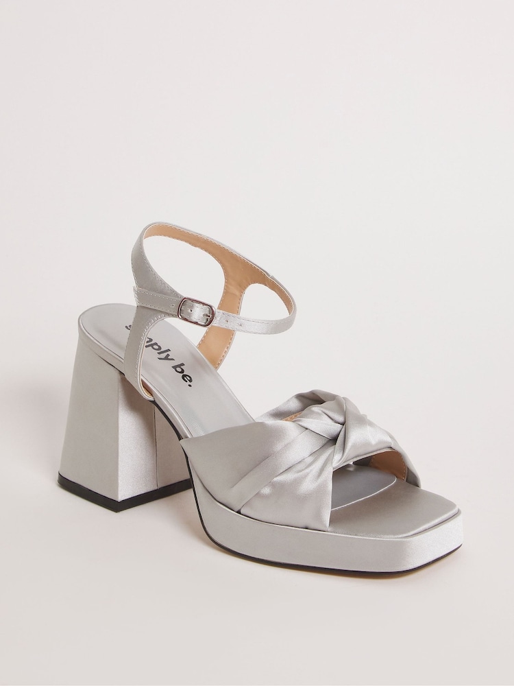 Simply Be Silver Satin Knotted Platform Block Heel Sandals - Extra Wide Fit - Image 2 of 3