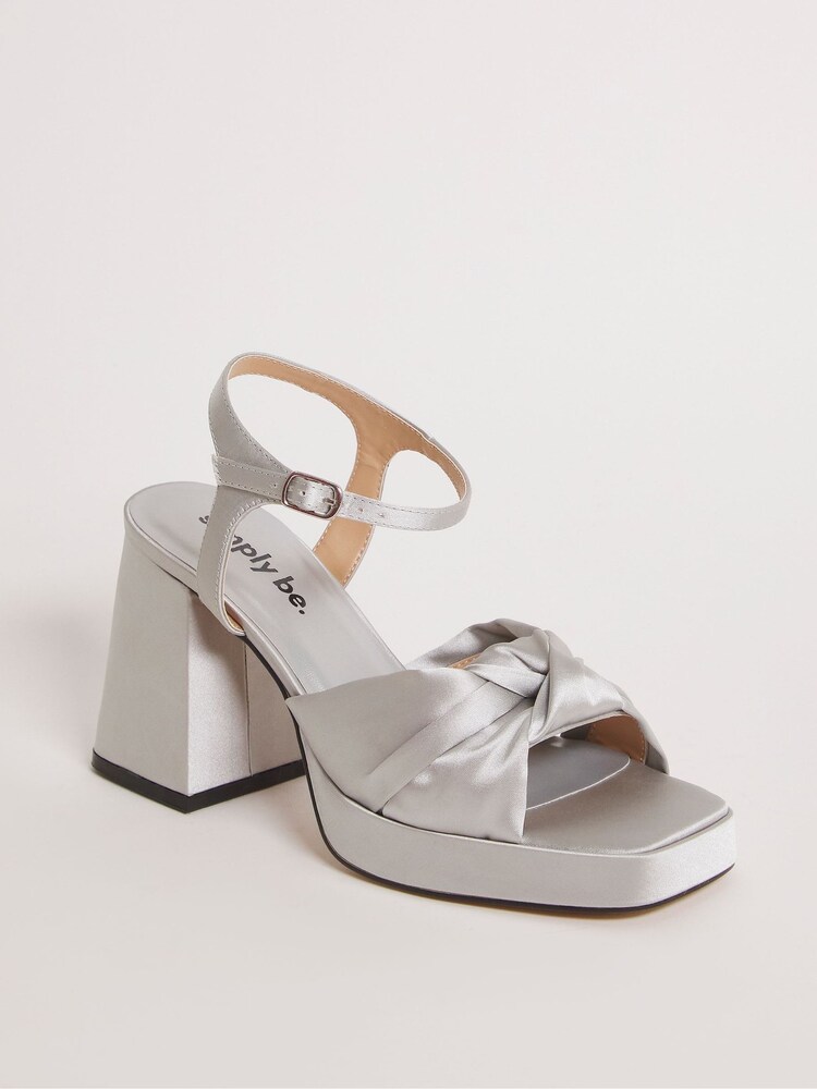 Simply Be Silver Satin Knotted Platform Block Heel Sandals - Extra Wide Fit - Image 2 of 3 Simply Be Silver Satin Knotted Platform Block Heel Sandals - Extra Wide Fit - Image 2 of 3