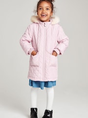 M&Co Pink Diamond Quilted Faux Fur Trim Coat - Image 1 of 5
