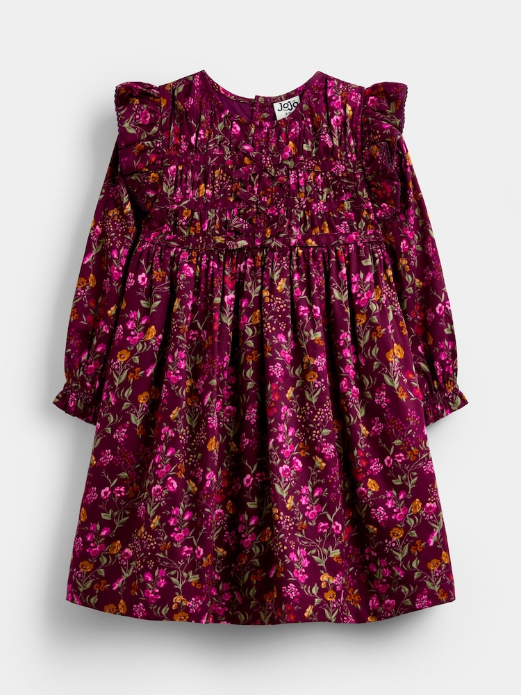 JoJo Maman Bébé Burgundry Red Floral Pretty Floral Frill Dress - Image 1 of 4
