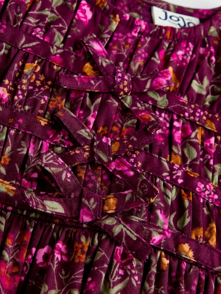 JoJo Maman Bébé Burgundry Red Floral Pretty Floral Frill Dress - Image 4 of 4