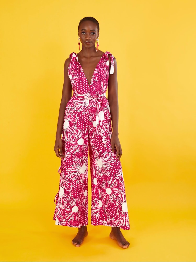 Monsoon Pink Nava Mixed Print Tie Leg Jumpsuit - Image 1 of 6