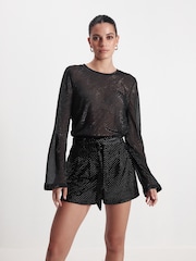 Black Velvet Embellished Belted Shorts - Image 1 of 7