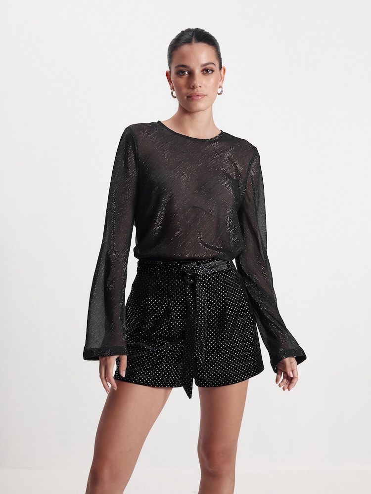 Black Velvet Embellished Belted Shorts - Image 1 of 7