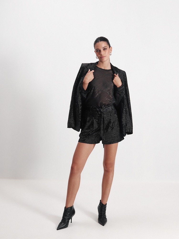 Black Velvet Embellished Belted Shorts - Image 2 of 7