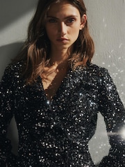 Black/Pewter Silver Premium Sequin Sparkle Blazer Mini Dress - Image 2 of 7