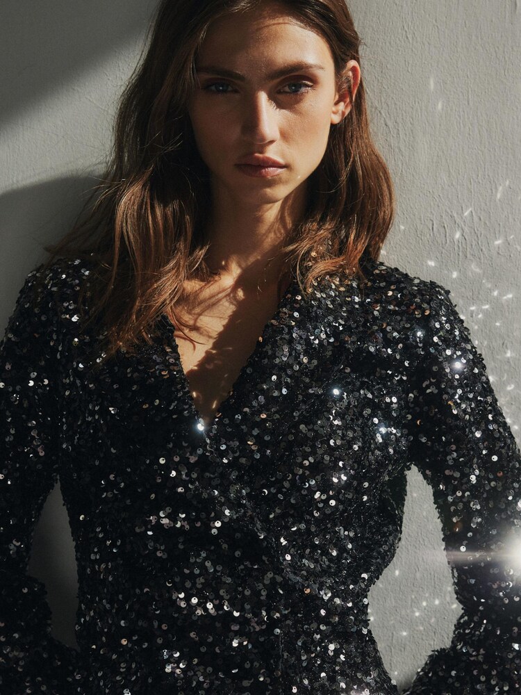 Black/Pewter Silver Premium Sequin Sparkle Blazer Mini Dress - Image 2 of 7