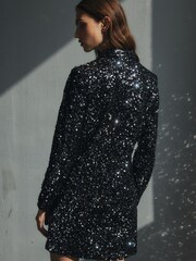 Black/Pewter Silver Premium Sequin Sparkle Blazer Mini Dress - Image 3 of 7