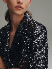 Black/Pewter Silver Premium Sequin Sparkle Blazer Mini Dress - Image 4 of 7