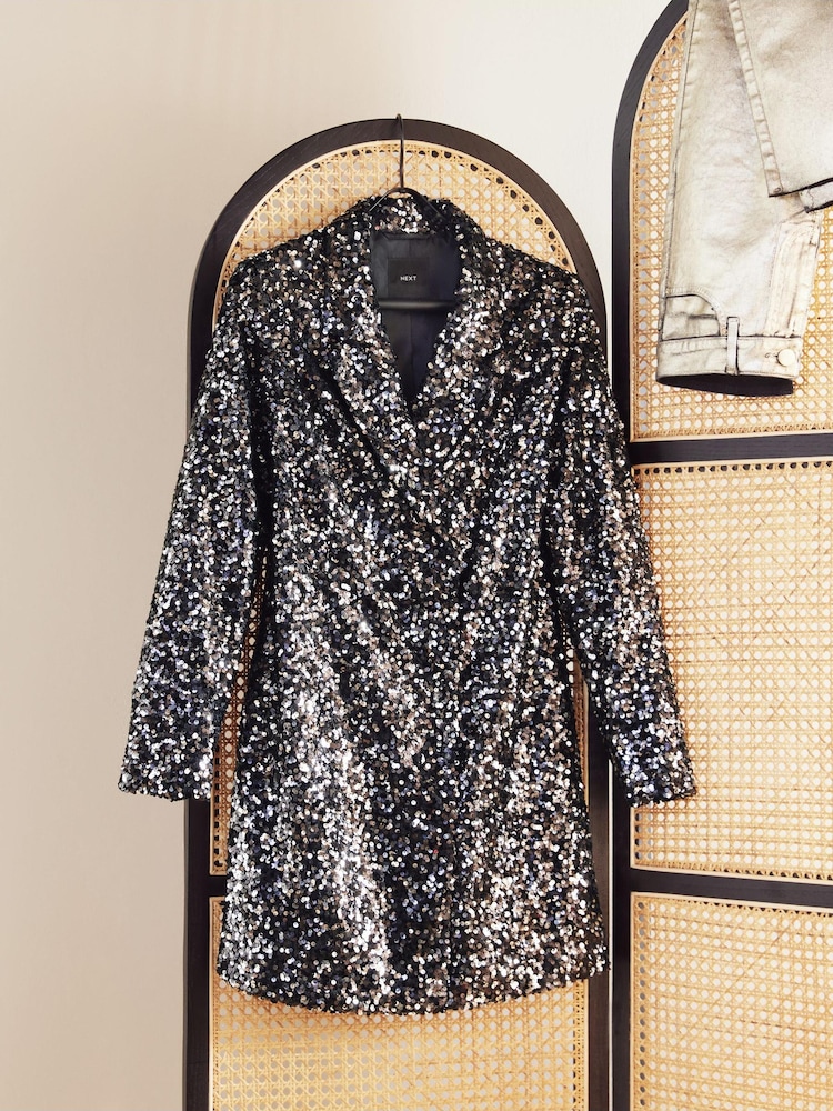 Noir/étain argenté - Mini robe blazer premium à paillettes scintillantes - Image 6 of 7