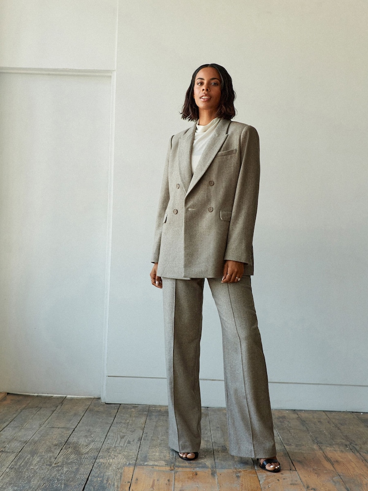Neutral Rochelle Humes Tailored Herringbone Wide Leg Trousers - Image 1 of 6