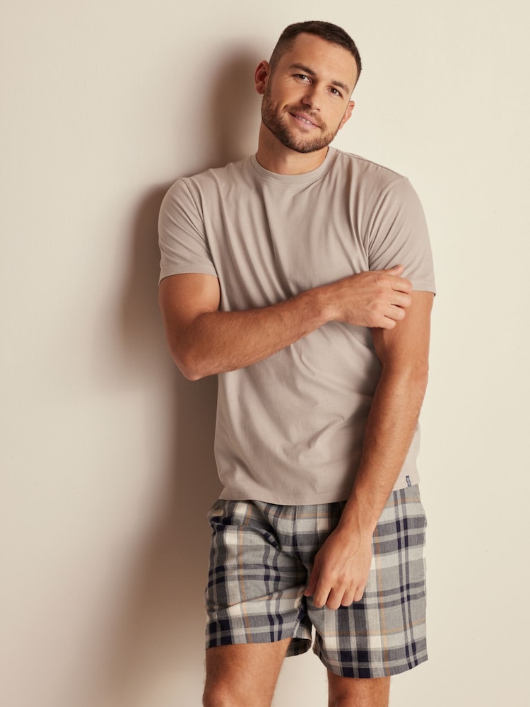 Neutral/Grey 100% Cotton Brushed Check Short Pyjamas Set - Image 1 of 7