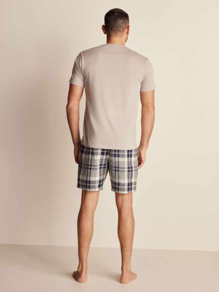Neutral/Grey 100% Cotton Brushed Check Short Pyjamas Set - Image 2 of 7