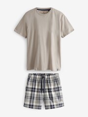 Neutral/Grey 100% Cotton Brushed Check Short Pyjamas Set - Image 4 of 7