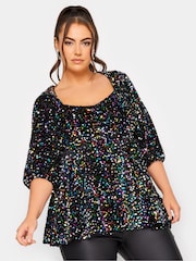 Yours Curve Black London Sequin Rainbow Velvet Sweetheart Peplum Top - Image 1 of 1