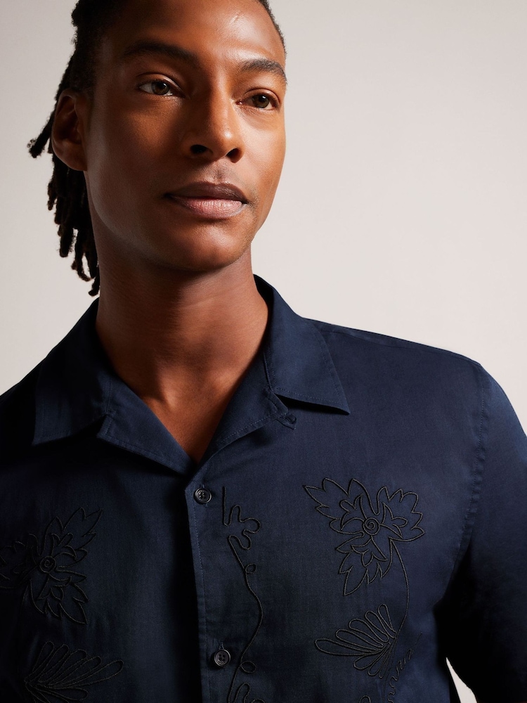 Ted Baker Blue Ranney Short Sleeve Embroidered Panel Shirt - Image 2 of 4 Ted Baker Blue Ranney Short Sleeve Embroidered Panel Shirt - Image 2 of 4