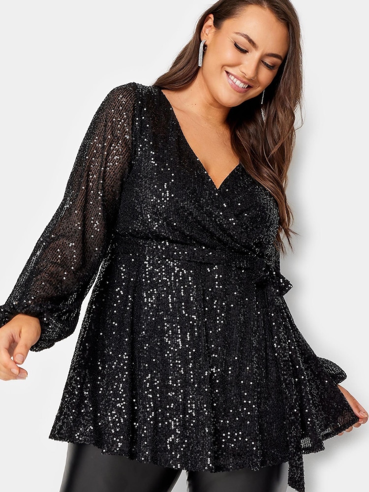 Yours Curve Black London Sequin Long Sleeve Wrap Top - Image 1 of 4