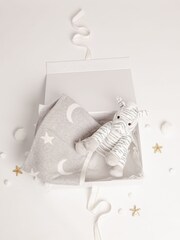 Babbico Grey Zebra Plush Toy With Grey Moon And Star 100% Cotton Blanket 2 Piece Baby Gift Set - Image 2 of 4