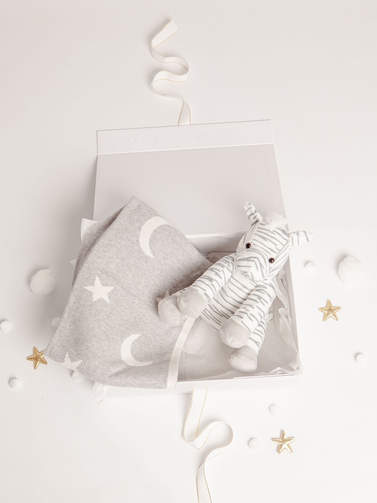 Babbico Grey Zebra Plush Toy With Grey Moon And Star 100% Cotton Blanket 2 Piece Baby Gift Set - Image 2 of 4