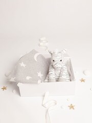 Babbico Grey Zebra Plush Toy With Grey Moon And Star 100% Cotton Blanket 2 Piece Baby Gift Set - Image 3 of 4