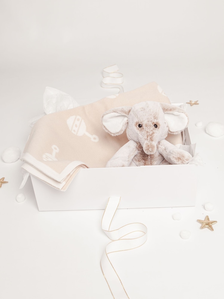 Babbico Light Beige Elephant Plush Toy With 100% Cotton Blanket 2 Piece Baby Gift Set - Image 1 of 6