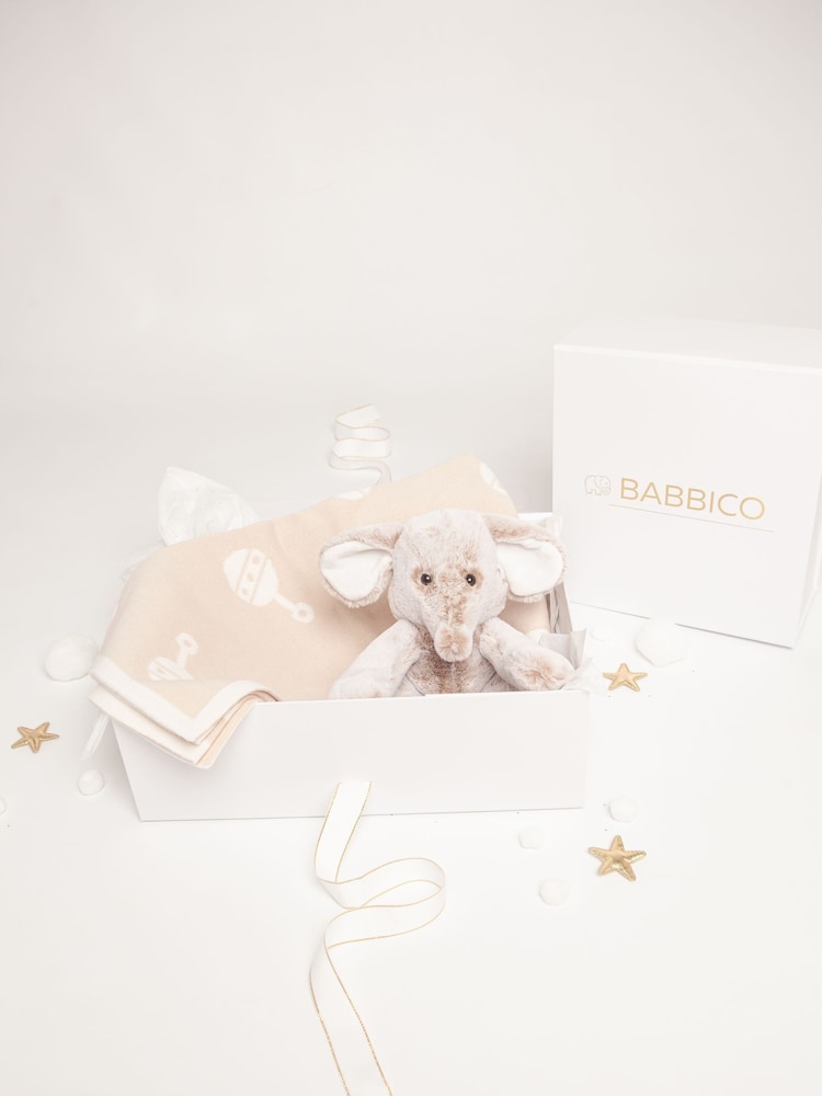 Babbico Light Beige Elephant Plush Toy With 100% Cotton Blanket 2 Piece Baby Gift Set - Image 2 of 6