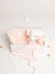Babbico White Elephant Toy, Pink Elephant Comforter And Pink 100% Cotton Heart Blanket 3 Piece Luxury Baby Gift Set - Image 1 of 4