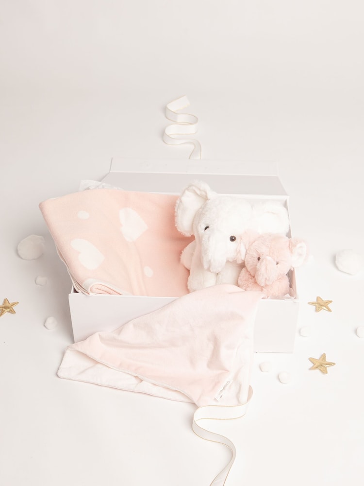 Babbico White Elephant Toy, Pink Elephant Comforter And Pink 100% Cotton Heart Blanket 3 Piece Luxury Baby Gift Set - Image 1 of 4