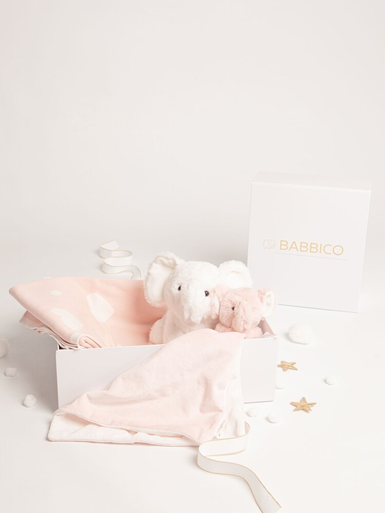 Babbico White Elephant Toy, Pink Elephant Comforter And Pink 100% Cotton Heart Blanket 3 Piece Luxury Baby Gift Set - Image 2 of 4