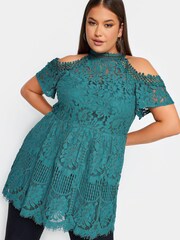 Yours Curve Green London Lace Cold Shoulder Top - Image 1 of 4