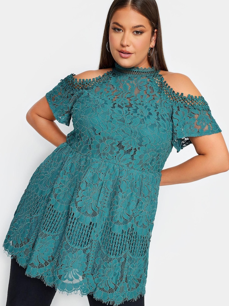 Yours Curve Green London Lace Cold Shoulder Top - Image 1 of 4
