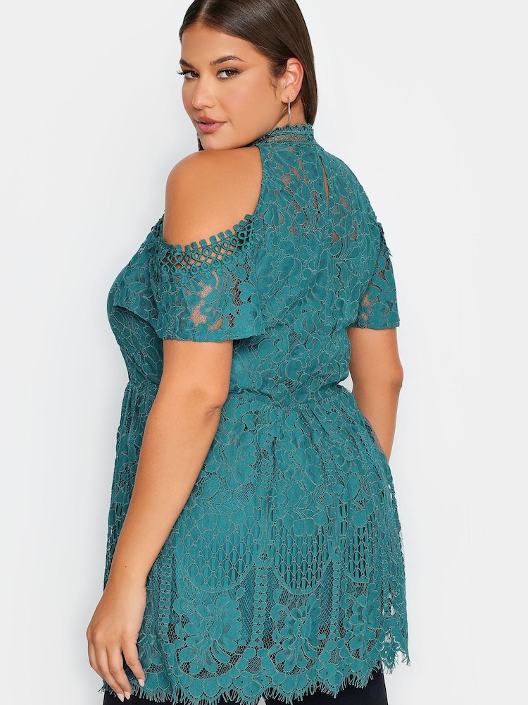 Yours Curve Green London Lace Cold Shoulder Top - Image 2 of 4