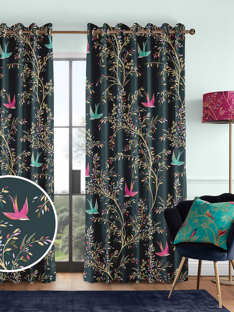 Sara Miller Forest Green 100% Cotton Swallows Made to Measure Curtains - Image 1 of 9