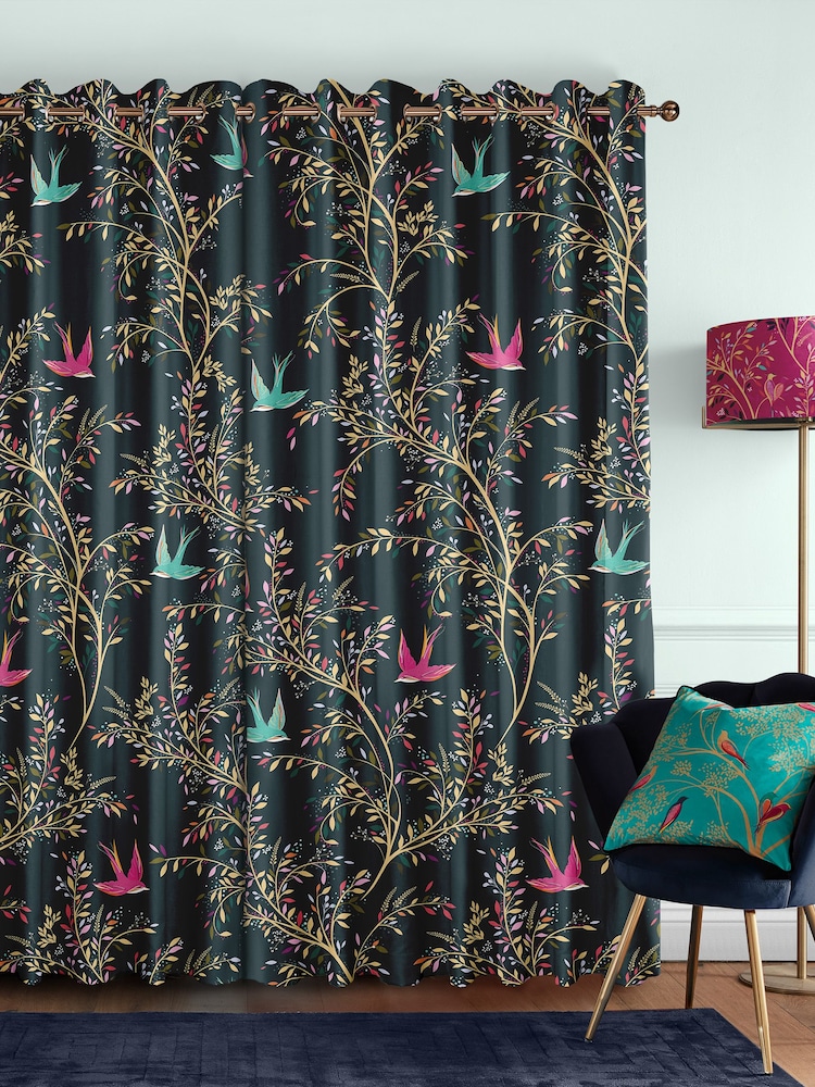 Sara Miller Forest Green 100% Cotton Swallows Made to Measure Curtains - Image 2 of 9