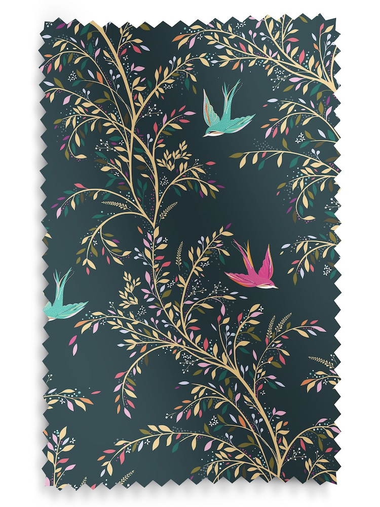 Sara Miller Forest Green 100% Cotton Swallows Made to Measure Curtains - Image 9 of 9