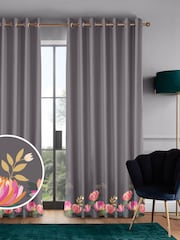 Sara Miller Dark Grey 100% Cotton Peony Border Made to Measure Curtains - Image 1 of 9