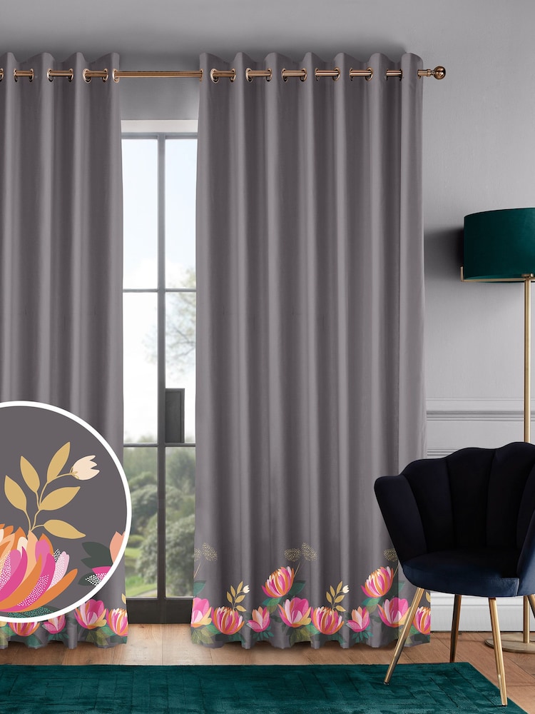 Sara Miller Dark Grey 100% Cotton Peony Border Made to Measure Curtains - Image 1 of 9