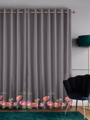 Sara Miller Dark Grey 100% Cotton Peony Border Made to Measure Curtains - Image 2 of 9