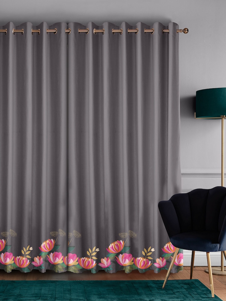 Sara Miller Dark Grey 100% Cotton Peony Border Made to Measure Curtains - Image 2 of 9
