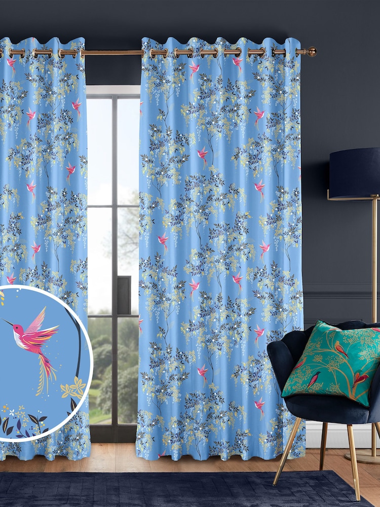Sara Miller Cornflower Blue 100% Cotton Hummingbird Made to Measure Curtains - Image 1 of 8