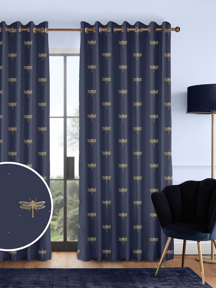 Sara Miller Navy 100% Cotton Dragonfly Made to Measure Curtains - Image 1 of 9