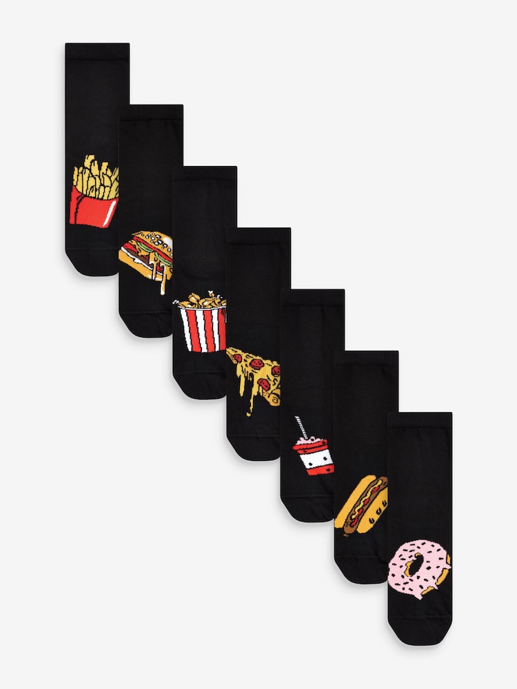 Black Food Cotton Rich Socks 7 Pack - Image 1 of 8