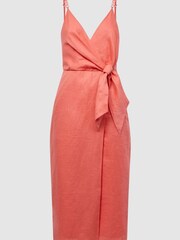Reiss Coral Esme Linen Side Tie Midi Dress - Image 2 of 6