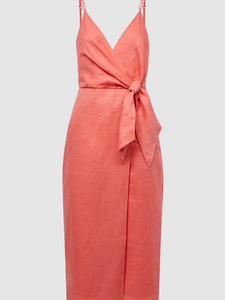 Reiss Coral Esme Linen Side Tie Midi Dress - Image 2 of 6