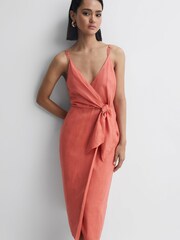 Reiss Coral Esme Linen Side Tie Midi Dress - Image 3 of 6