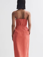Reiss Coral Esme Linen Side Tie Midi Dress - Image 5 of 6